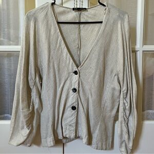 Tan linen button up long sleeve shirt with deep v neck